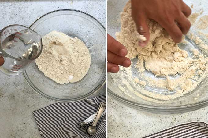 a bowl of masa harina and someone pouring in water and mixing up the masa dough for tortillas