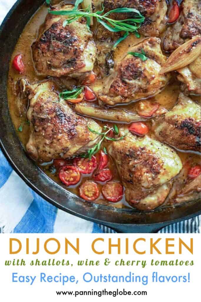 pinterest pin: dijon chicken thighs with cherry tomatoes in a cast iron skillet