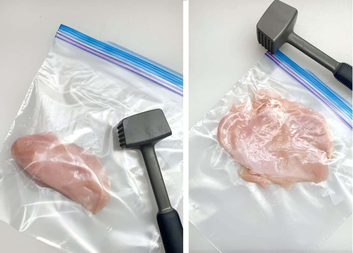 two images showing how to pound chicken breasts thin, first showing a chicken breast in a plastic bag with a meat mallet next to it, next photo shows the pounded breast in the bag