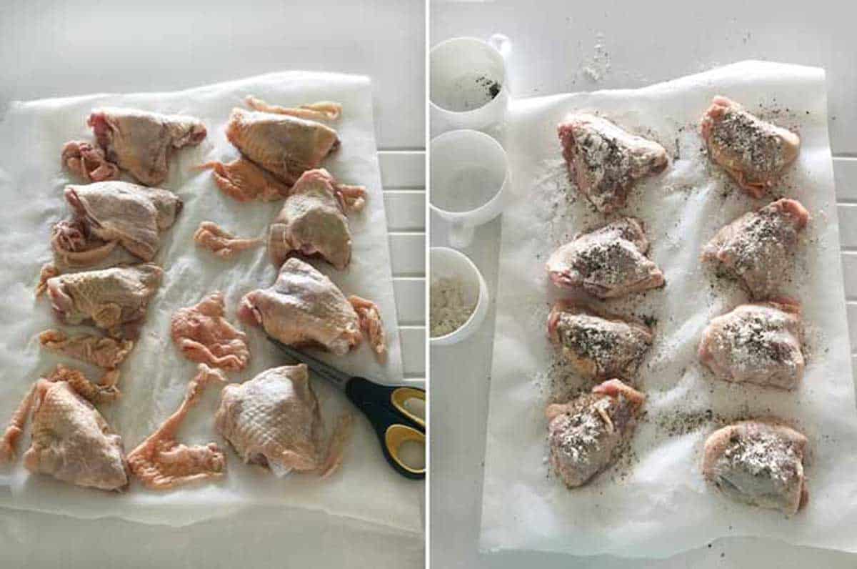 8 chicken thighs on parchment paper and showing to to trim excess skin from chicken thighs and how to prepare chicken thighs for braising by dusting them with flour, salt and pepper
