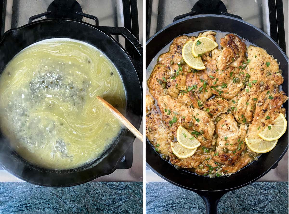 two images taken overhead, a cast iron skillet with lemon sauce for chicken piccata, then filled with the chicken in the lemon sauce, topped with lemon slices