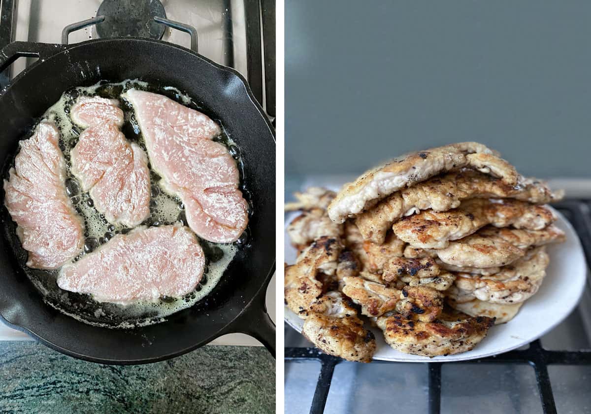 two images, the first is an overhead shot of 4 chicken cutlets sautéing in a cast iron skillet, the second shows a white plate topped with a stack of sautéed chicken cutlets