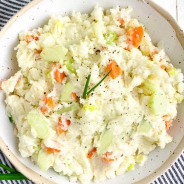 japanese potato salad in a white bowl