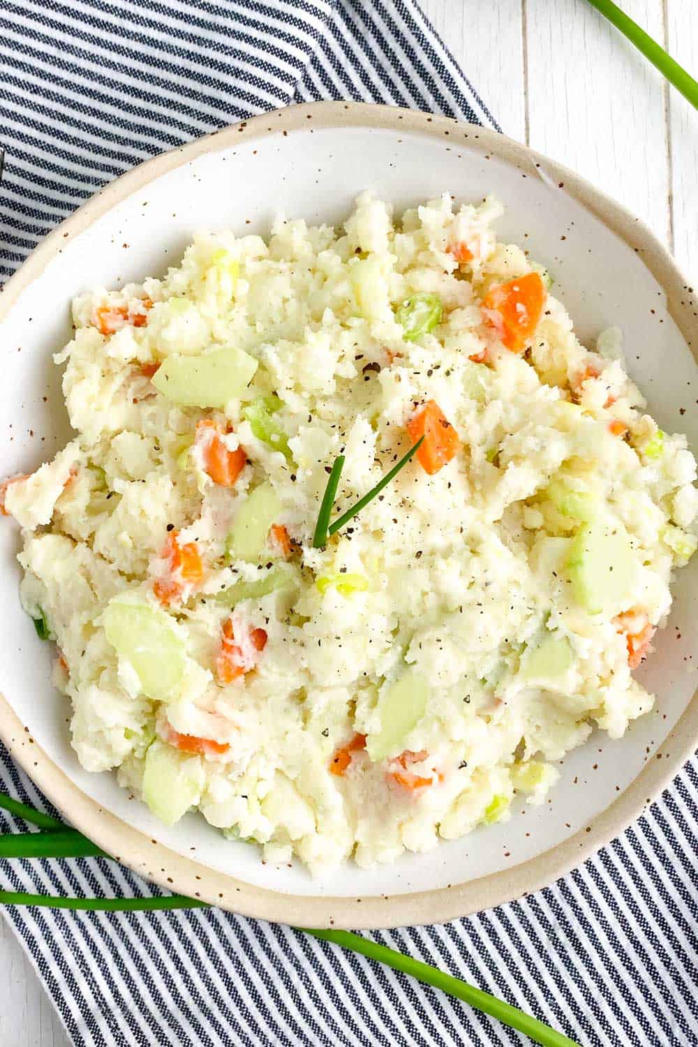 japanese potato salad in a white bowl