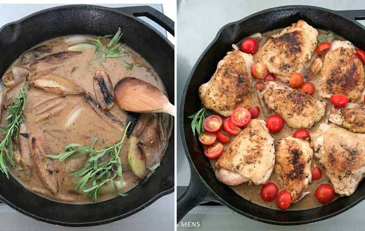 braising liquid with herbs and shallots, in a cast iron skillet. Seared chicken and cherry tomatoes in the skillet with the braising liquid.