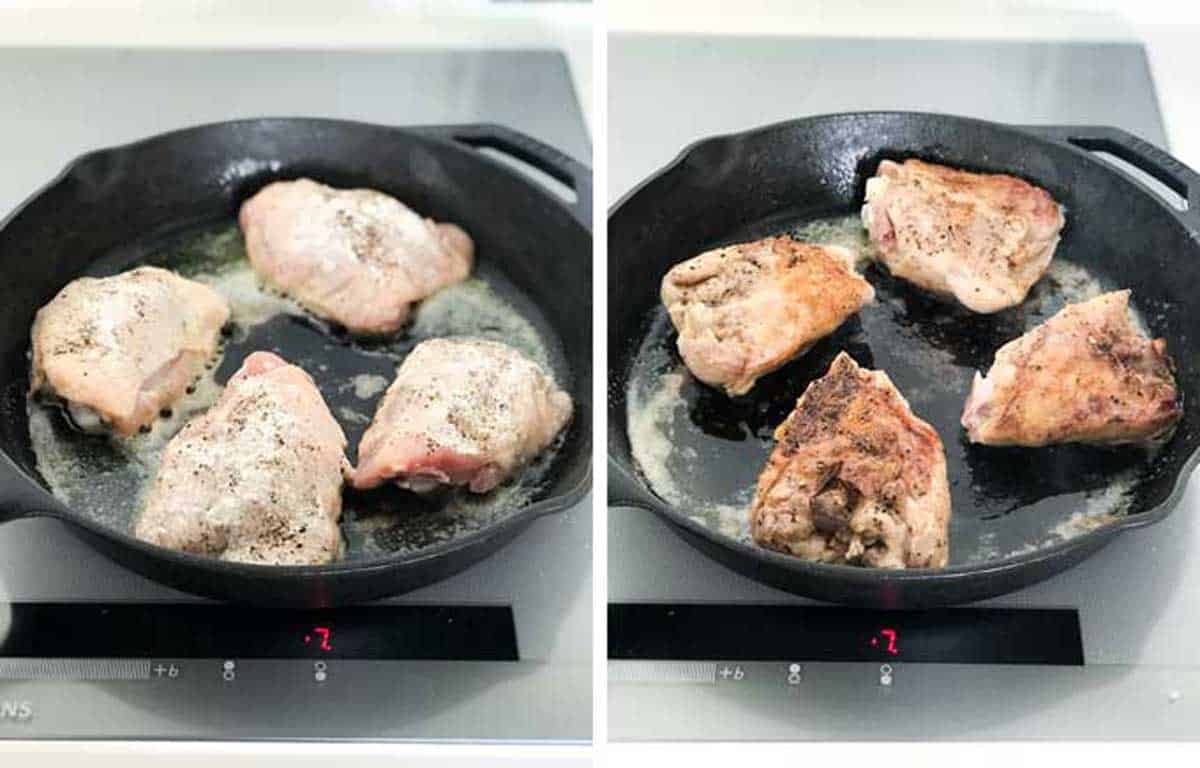 4 raw chicken thighs in a cast iron skillet, and 4 pan-seared chicken thighs in the same skillet