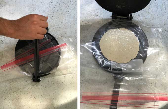 a hand pulling back the handle on a tortilla press to flatten the tortilla, a photo of the flattened tortilla on the press