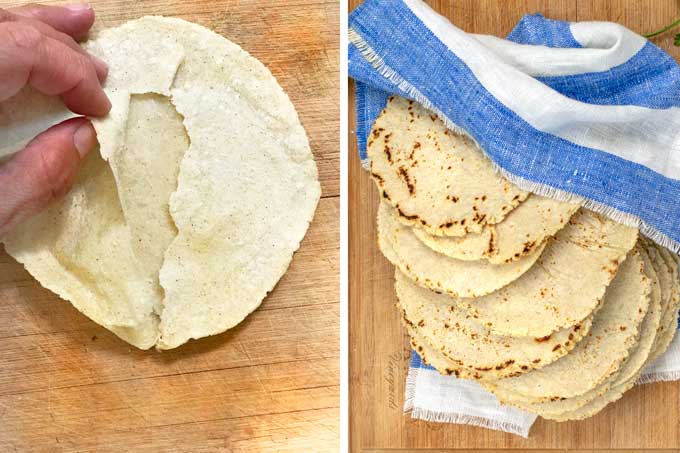 two photos, one showing the two layers of a corn tortilla the other a stack of tortillas wrapped in a cloth napkin