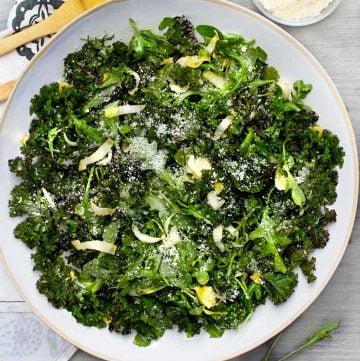 Big green salad in a white bowl with a side dish of parmesan cheese