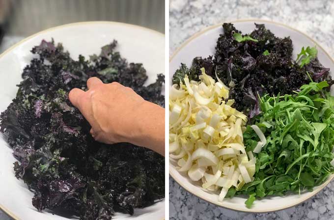 a bowl showing how to massage kale with your hands and a bowl with massaged kale, arugula and endive