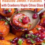 pinterest pin: rounds of roasted sweet potatoes with cranberries and chopped scallions