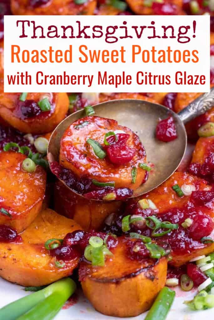 pinterest pin: rounds of roasted sweet potatoes with cranberries and chopped scallions