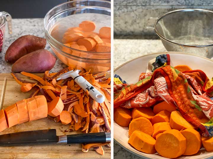 Showing how to peel and slice sweet potatoes, store them in a bowl of cold water, drain them in a colander and dry them with a dish towel before roasting.