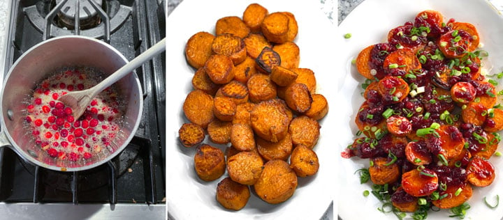 three images, first a saucepan with fresh cranberries simmering for a glaze, next a white platter of roasted sweet potatoes, next the same platter of potatoes topped with cranberry glaze and scallions