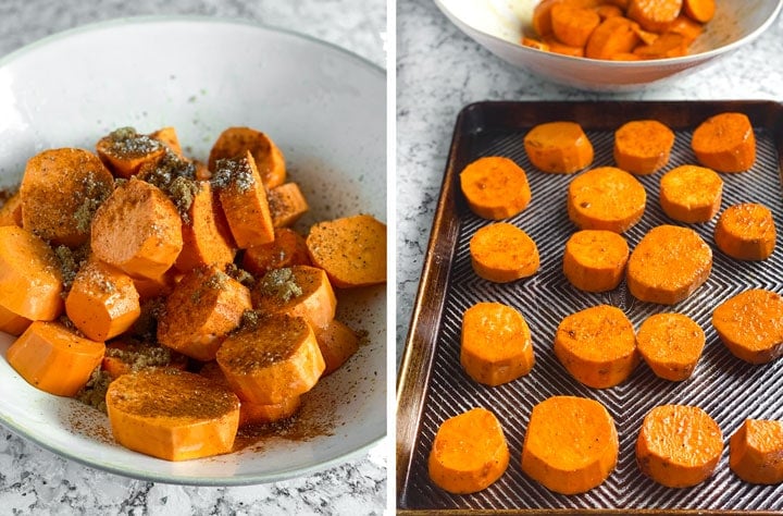 A big bowl of sweet potato rounds topped with spices and then arranged on a rimmed baking sheet