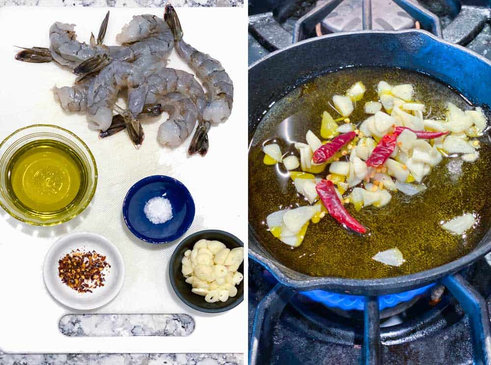 white cutting board with ingredients for spicy garlic shrimp: 10 raw shrimp, bowl of oil, bowl of salt, bowl of sliced garlic and bowl of red pepper flakes