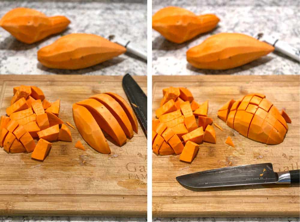 cutting board with sweet potatoes and showing how to cut them into bite-sized cubes.