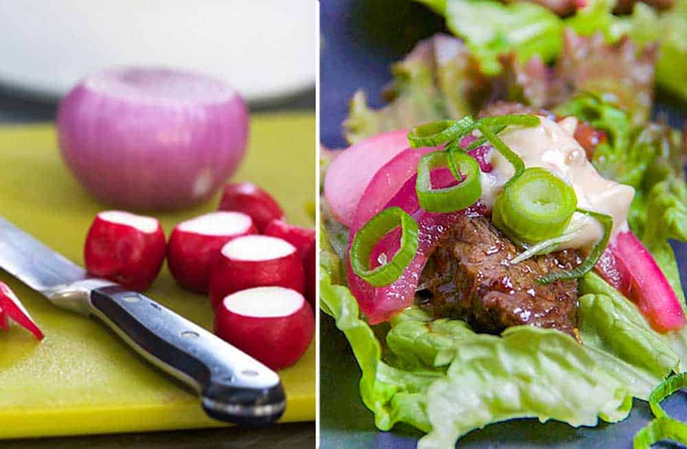 close up of a peeled red onion and 4 red radishes, close up of a Korean lettuce wrap with beef, scallions and pickled red onions and radishes