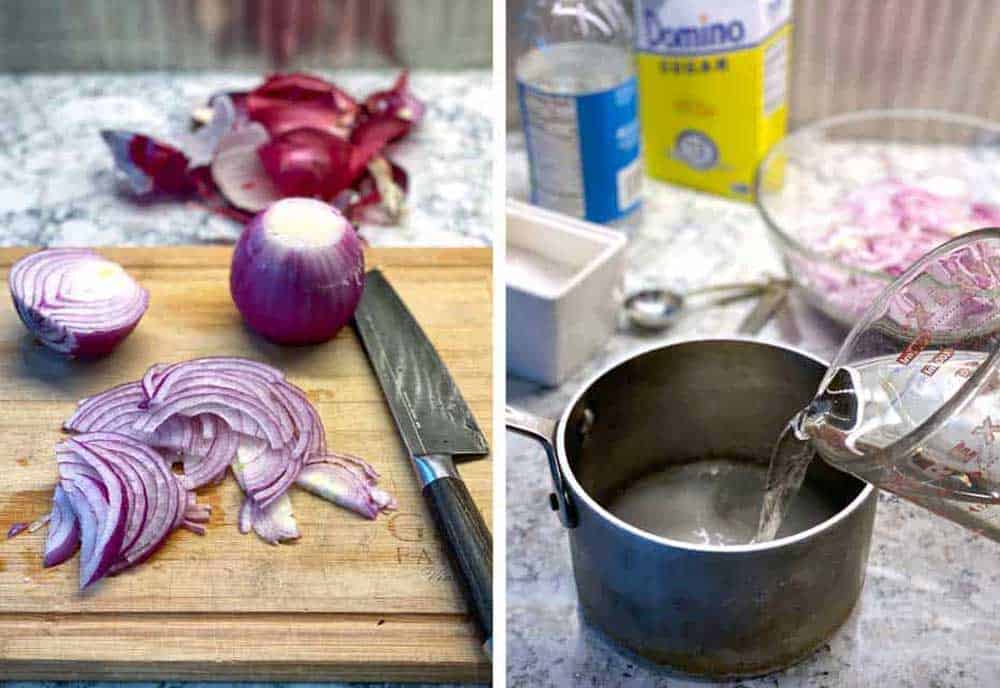 how to make pickled red onions: sliced red onions on a cutting board, vinegar, sugar, salt and a small saucepan