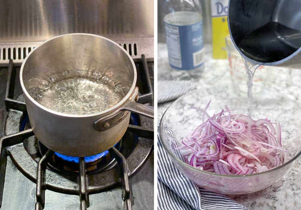 how to make pickled red onions: small saucepan over a flame, hot vinegar mixture pouring out of a saucepan into a bowl of sliced red onions 