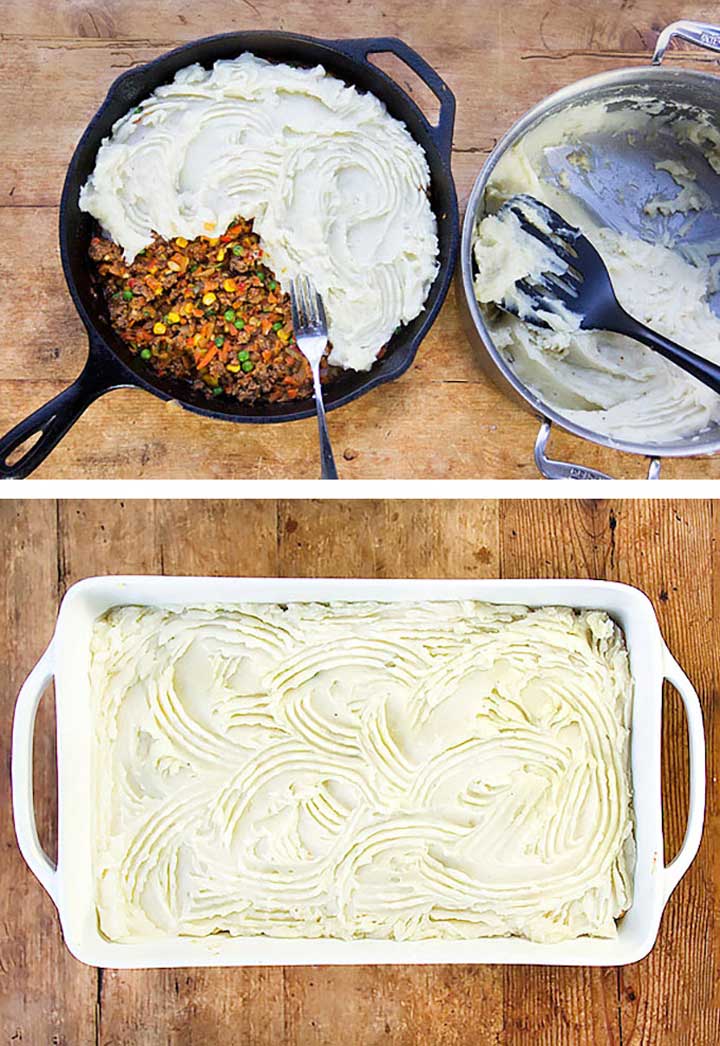 showing how to make shepherd's pie, adding mashed potatoes on top of the meat filling in a cast iron skillet