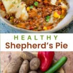 shepherds pie in a bowl and a bowl of raw ingredients: potatoes, corn, peas, zucchini, red pepper, carrots, onions, garlic.