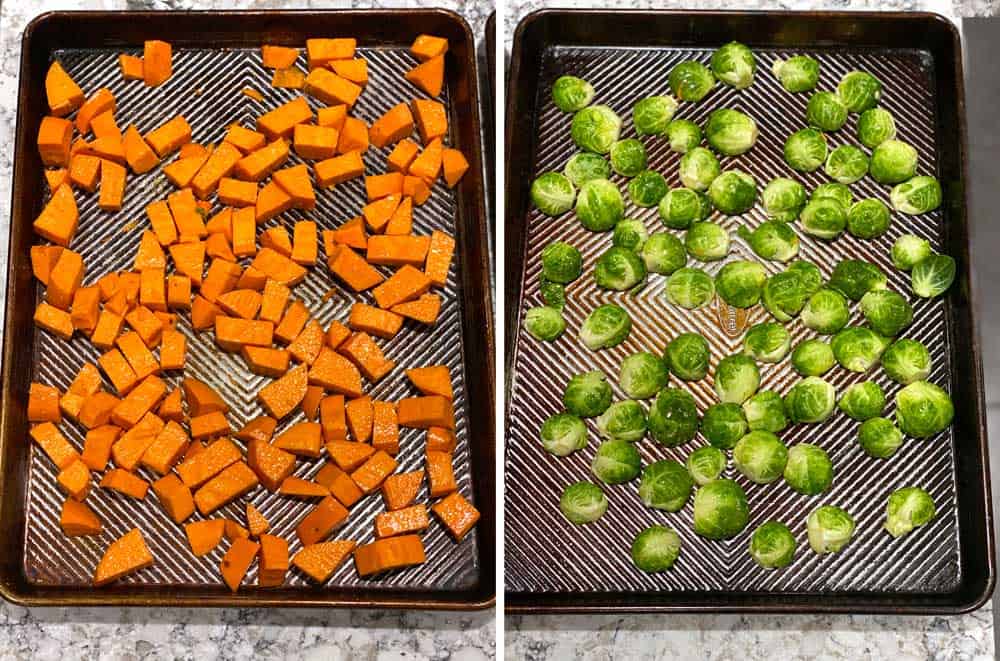 two rimmed baking sheets, one with cubed sweet potatoes, one with halved brussles sprouts.