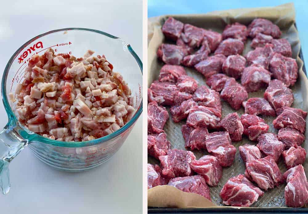 a large measuring cup filed with uncooked bacon lardons, a rimmed baking sheet lined with brown parchment, covered with cubes of raw stewing beef