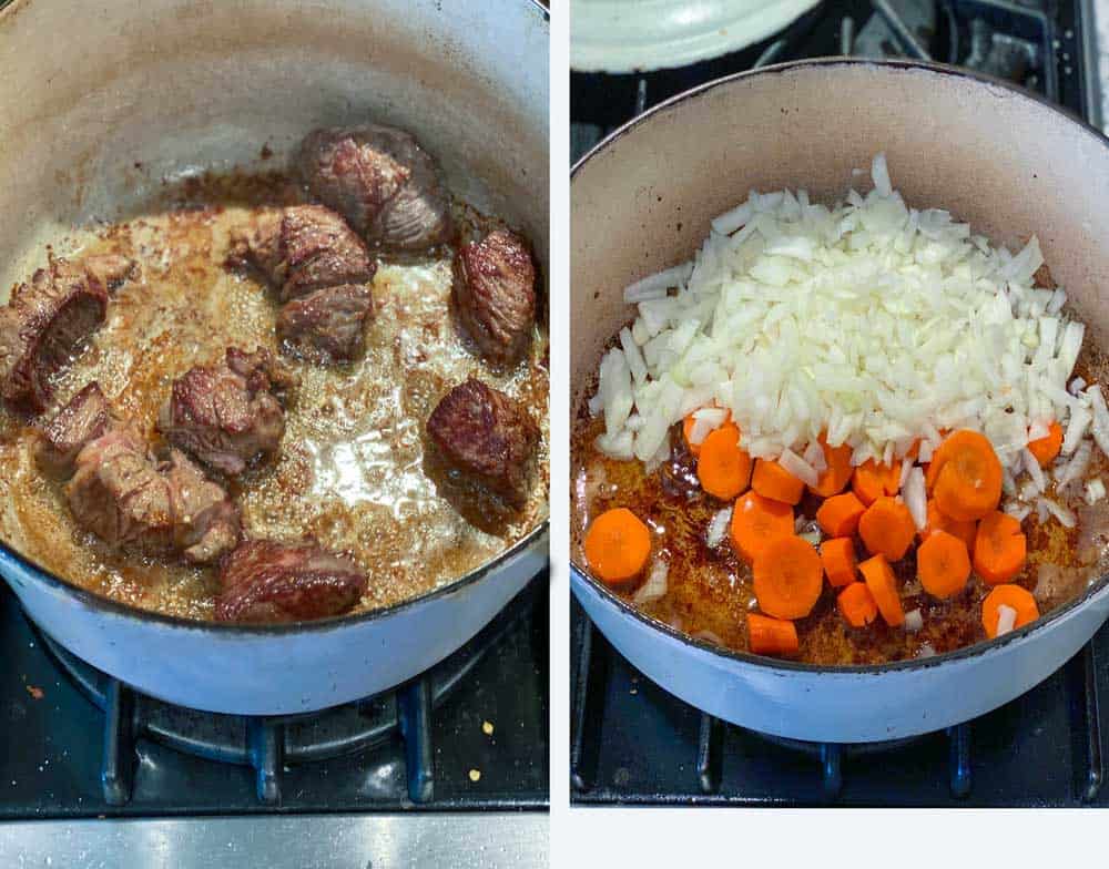 Looking down into a blue Dutch oven with 9 cubes of stewing beef browning in the pot, and an overhead shot looking into the same pot with the beef removed and sliced carrots and chopped onions added