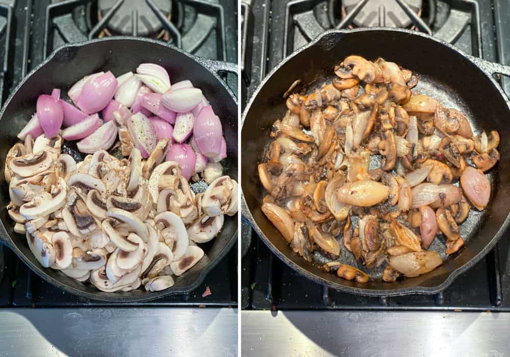 raw halved shallots and sliced mushrooms seen from above in a large black cast iron skillet, and the same perspective showing the vegetables after they've been browned