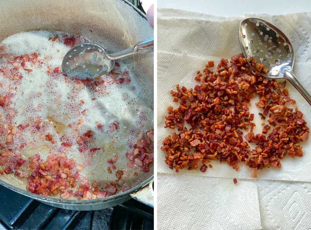 looking from above down into a skillet with bacon lardons being sautéed and a second image of the browned bacon bits on a paper towel lined plate