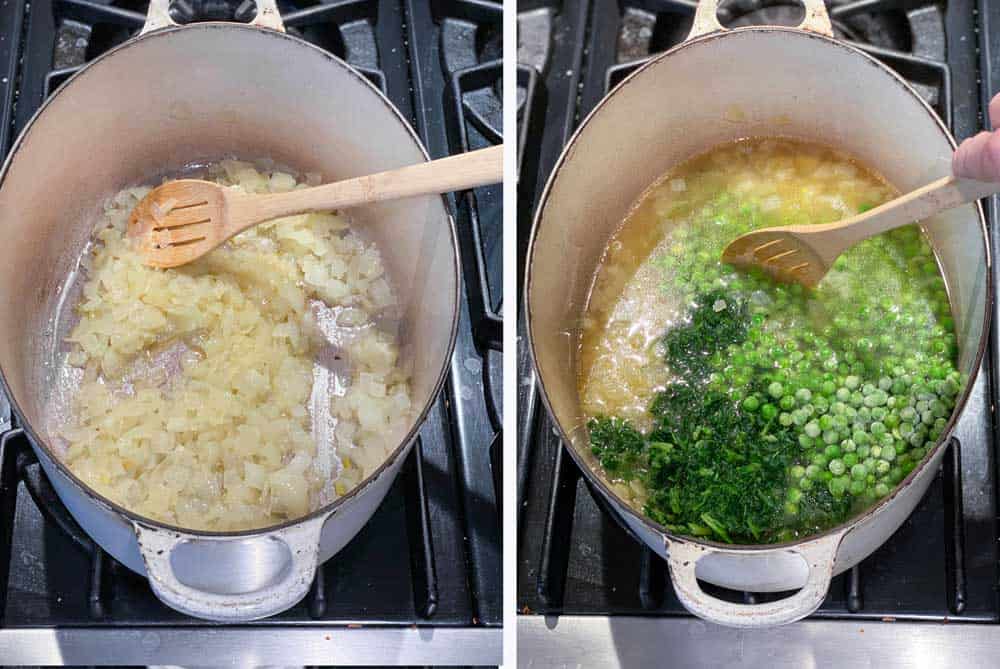 overhead shot looking into a dutch oven with sautéing onions and then another shot when peas, spinach and broth are added to the pot