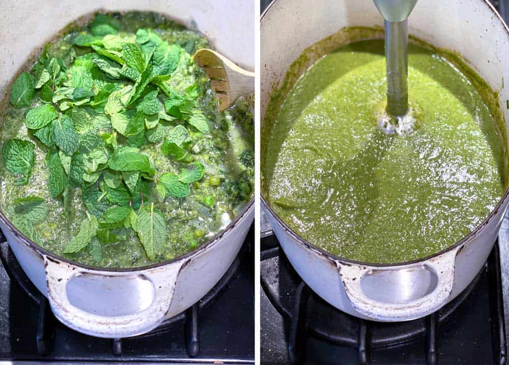 overhead shot showing a dutch oven with mint leaves added to a pot of pea and spinach soup. The next image show the soup being pureed with an immersion blender.