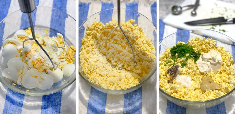 how to make egg salad, chopping the eggs and adding mayo, mustard, salt, pepper and herbs