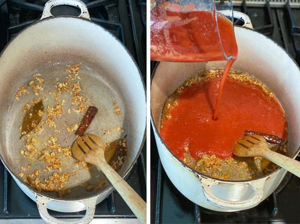 a white Dutch oven shown from above with simmering garlic and spices and then another shot of tomato puree being poured into the pot