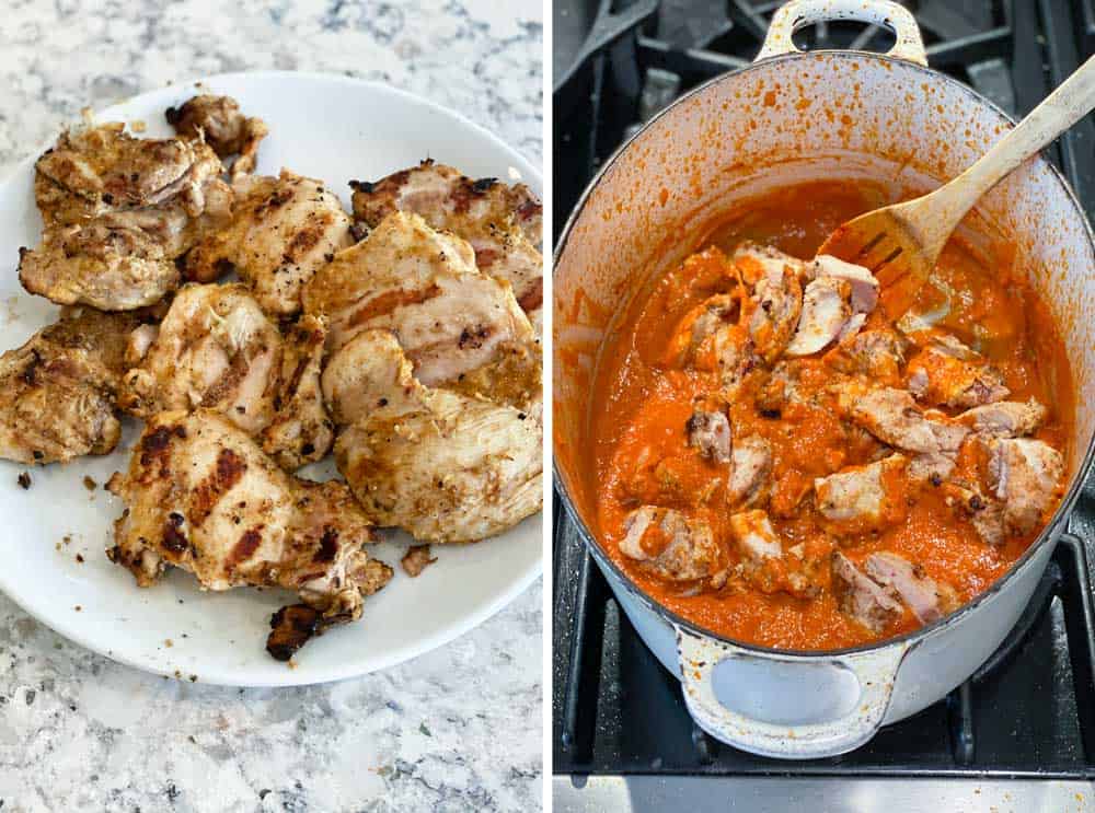 how to make Indian Chicken Ruby curry, a plate of grilled chicken thighs and then a pot of tomato curry sauce with cubes of grilled chicken being mixed in with a wooden spoon