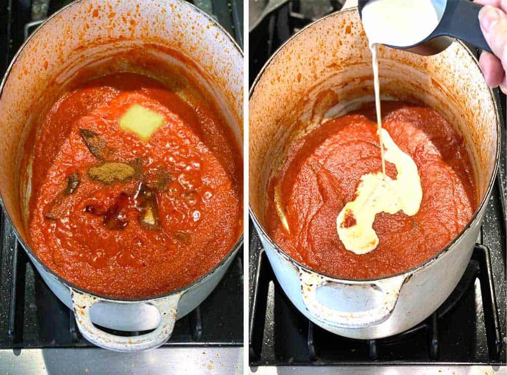 showing thee progress of cooking Indian chicken curry with one pot full of tomato curry sauce and spices and butter and then the next shot shows the cream being poured in