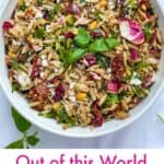 pinterest pin: orzo pasta salad with colorful chopped lettuces in it