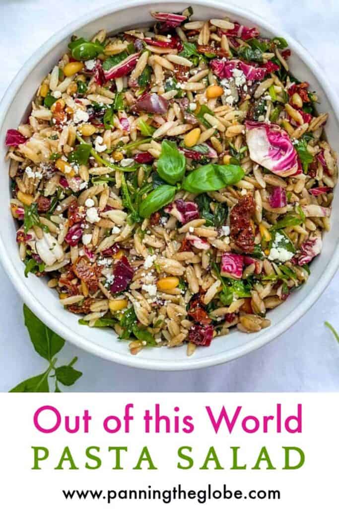 pinterest pin: orzo pasta salad with colorful chopped lettuces in it
