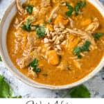 Pinterest Pin: West African peanut chicken stew with sweet potatoes, in a white bowl