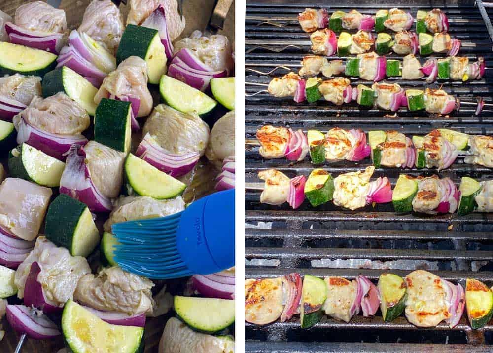 two photos showing how to make chicken souvlaki, a close up of a skewers being brushed with oil, 8 skewers cooking on the grill