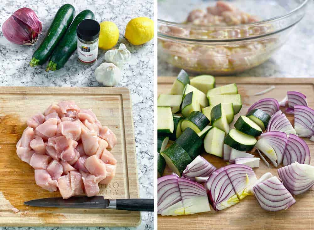 Two photos showing how to make grilled chicken souvlaki, cubed raw chicken breasts on a wooden cutting board, sliced red onions and zucchinis on a cutting board with a glass bowl in the background, filled with cubed chicken marinating 