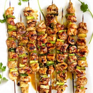 glazed and grilled yakitori chicken and scallions skewers