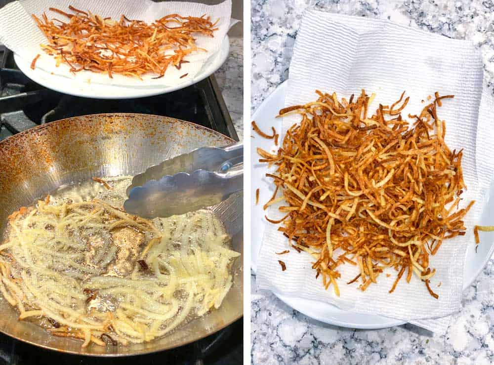 two photos, one showing shoestring potatoes frying in oil in a frying pan, the other showing the cooked potatoes draining on a paper towel lined plate