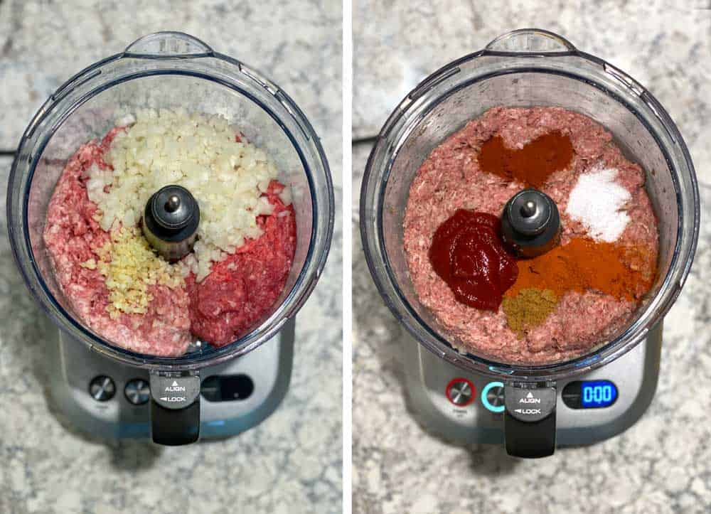 mixing ground pork, ground beef, onions, garlic and spices in a food processor.