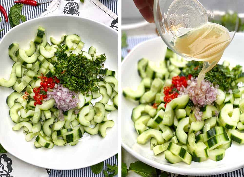 white bowl with all the ingredients for Thai cucuer salad: sliced cucumbers, chopped mint, chopped shallots and sliced red chilies, another shot showing the dressing being poured in from a small glass bowl above.