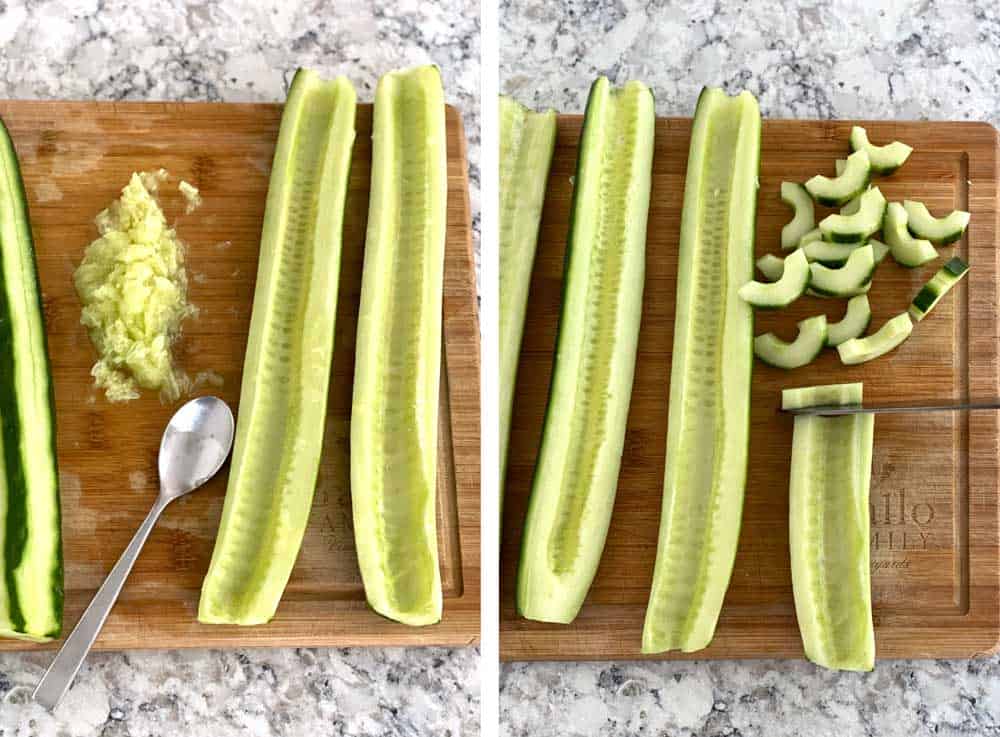 how to prepare cucumbers for cucumber salad, 3 cucumber halves with the seeds scooped out, another photo showing the same cucumber halves, once of them halfway sliced crosswise into moons.