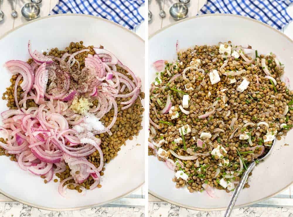big white bowl filled with cooked brown lentils, sliced red onion, pressed garlic, salt and pepper