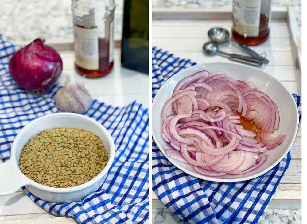 first photo is a white bowl of raw brown lentils on a blue and white checkered cloth napkins with a red onion, a bulb of garlic, a bottle of vinegar and a bottle of olive oil, then a photos of thinly sliced reed onions soaking in red wine vinegar in a white bowl 