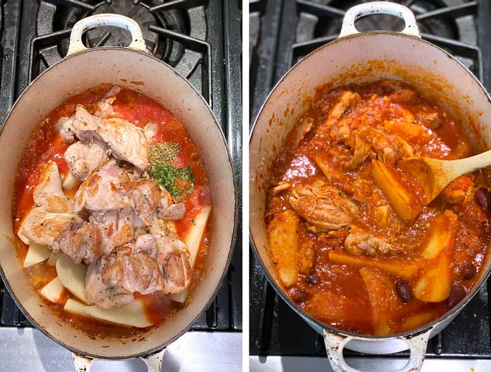 two photos of a Dutch oven: first one is filled with browned chicken thigh, raw potato wedges, tomato sauce and spices. Second shot shows the finished chicken and potato stew 